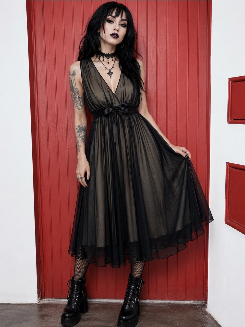 Vintage Connected Dress Womens Black Mesh Fairy Romantic Midi Whimsygoth 90s 8